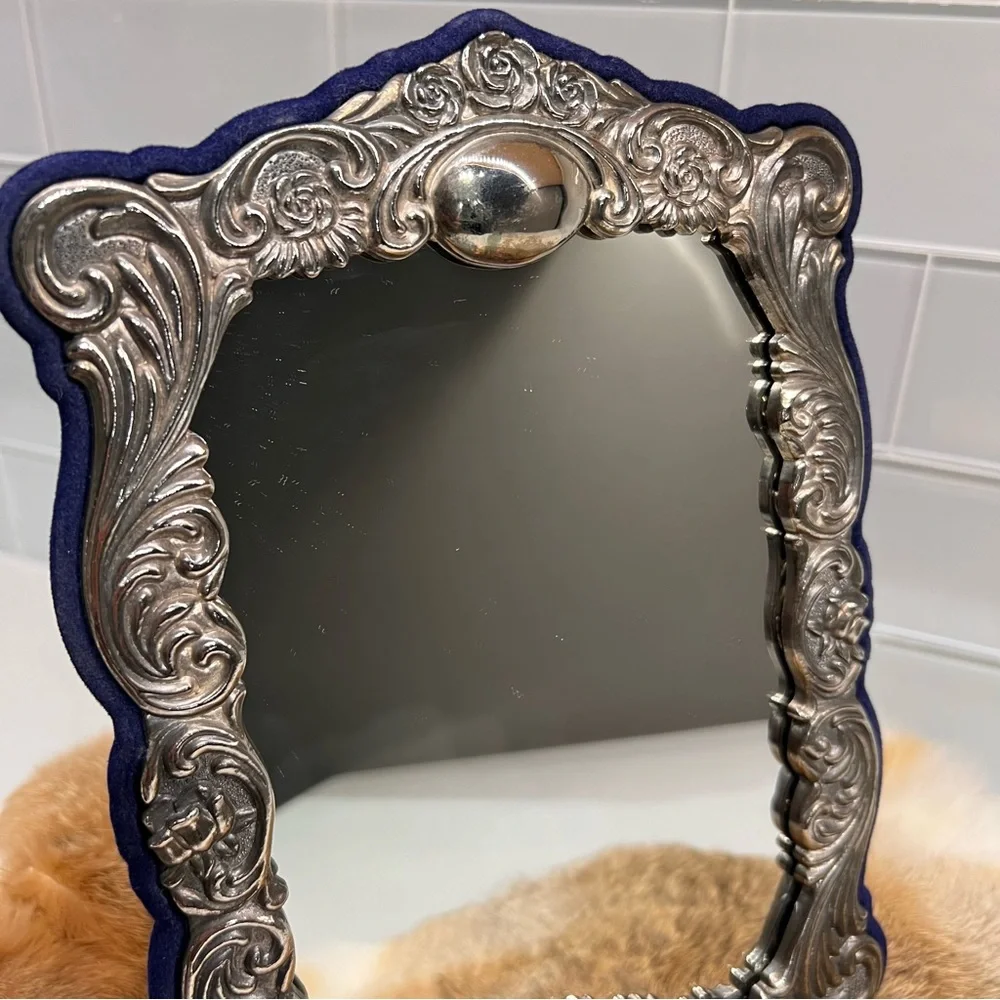 Vintage Victorian Style Repousse Ornate Silver Plated Mirror Frame Velvet Back
